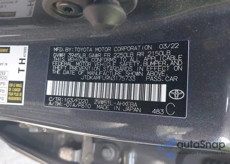 2022 Toyota Prius Le z USA, uszkodzony, nr VIN JTDKAMFU9N3175733